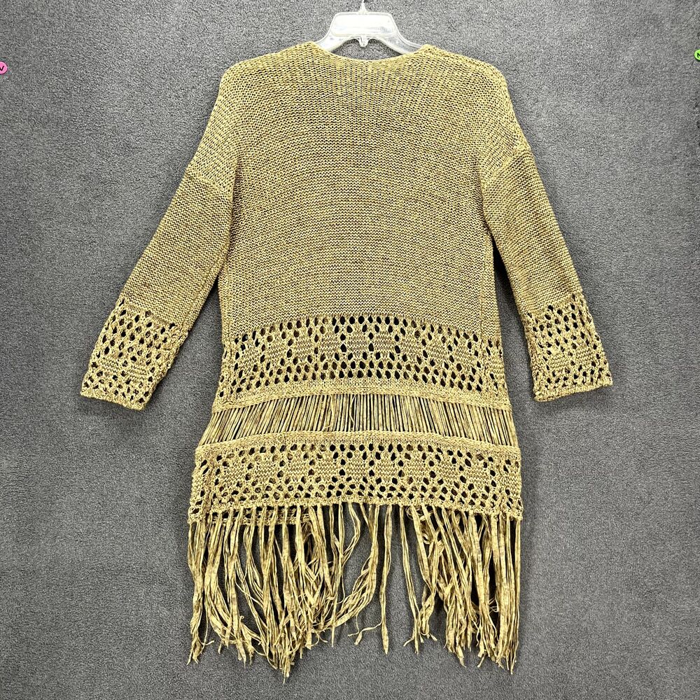 Zara Knit Cardigan Medium Tan Open Crochet Fringe Tassels Taupe raglan sleeve - Picture 2 of 16